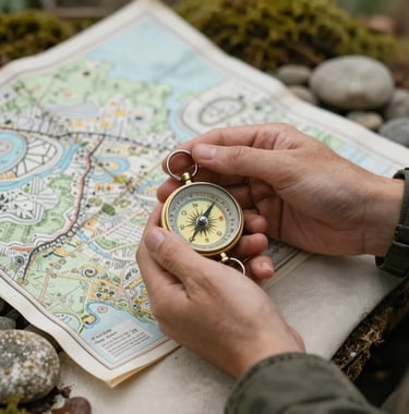 A close-up photograph of a traveler's hands holding a vintage compass and a map over a soft off-white fabric, surrounded by natural elements like stones and moss in tones of sage green.