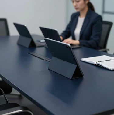 A professional setting showing a modern boardroom table with high-end tablets and notebooks. The style is minimalist and organized. Dark navy tones (#0F1D2C) dominate, conveying authority and focus.