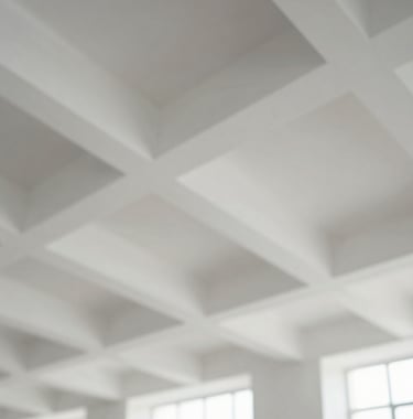Architectural detail of an institutional ceiling, featuring clean lines and geometric patterns that suggest order and complexity. Muted palette of #94A7B7 and #F4F7FA. Professional photography, bright and airy.