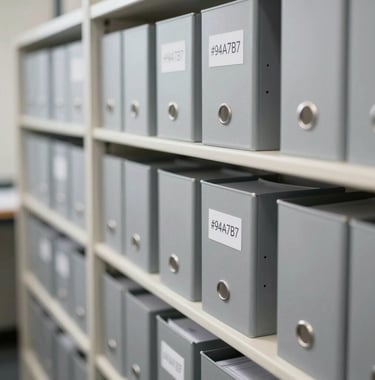 A clean, minimalist archive with rows of neatly organized documents and professional folders in grey (#94A7B7), representing institutional memory and organized data. Soft, natural lighting and an authoritative, quiet atmosphere.