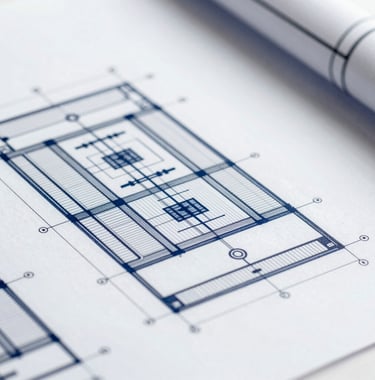 A close-up shot of a architectural blueprint showing complex but orderly systems. The style is analytical and precise, using a color palette of #2B4E6B and #94A7B7 to emphasize institutional planning and organizational renewal.