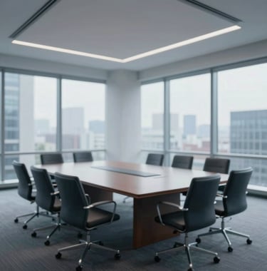 A professional setting showing a high-level meeting room with large windows overlooking a stable urban landscape. The room is empty but ready for leadership, symbolizing institutional readiness and commitment. Colors include #0F1D2C and #F4F7FA.