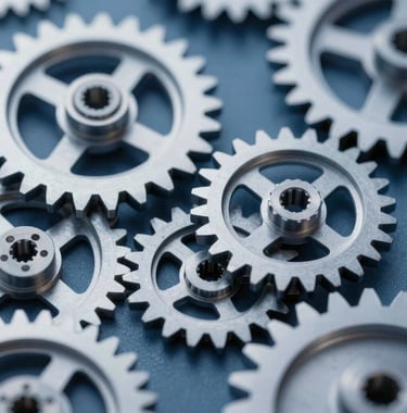 A symbolic, high-detail macro shot of precise, interlocking steel gears in deep blue (#0F1D2C) and silver (#94A7B7) tones. The image represents the alignment of systems and operational efficiency in a complex organization.