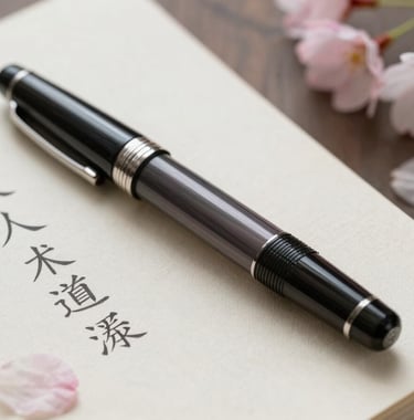 A close-up photograph of a high-quality fountain pen resting on a textured linen paper notebook containing elegant Japanese characters. Soft natural lighting with a hint of pink cherry blossom petals on the desk. International / English-speaking professional context.