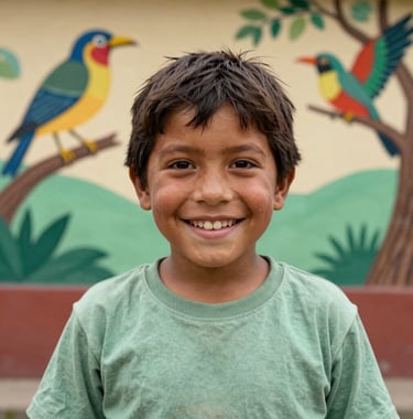 Close-up of a local South American / Colombian child smiling, representing the future generation of the Catatumbo, with a vibrant community mural of birds and trees in the background featuring Earthy Sand and Sage Green.