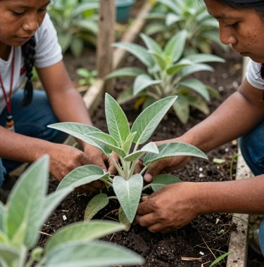 A close-up shot of South American / Colombian community members from the Pueblo Barí working together in a plant nursery, surrounded by vibrant sage green leaves and earth tones.