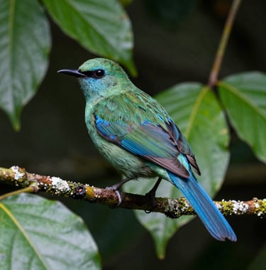 Close-up photography of native biodiversity in the Catatumbo region, South America / Colombia. A vibrant bird with sage green and blue plumage is perched on a branch surrounded by dark forest green tropical leaves.