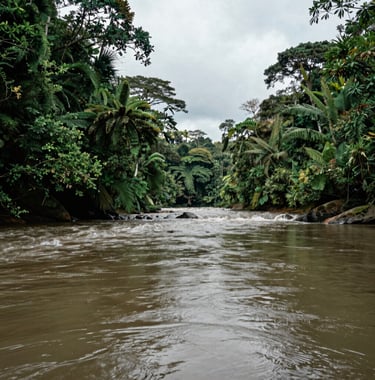 A wide-angle landscape of a flowing river in the South American / Colombian jungle. The water reflects the sage green canopy. The composition is peaceful and vast, showing the scale of the conservation efforts.
