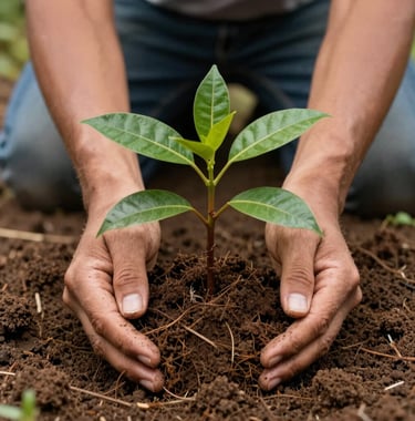 A close-up of hands planting a native tree in South American / Colombian soil, symbolizing the commitment to restoration and climate justice, with focused lighting on the rich Earthy Sand soil.