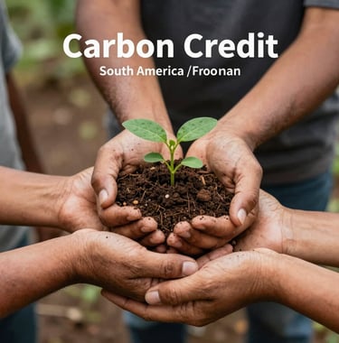 A professional setting in South America / Colombia showing hands of different community members holding a handful of rich soil with a small green sprout. The image symbolizes growth and the success of the carbon credit program.