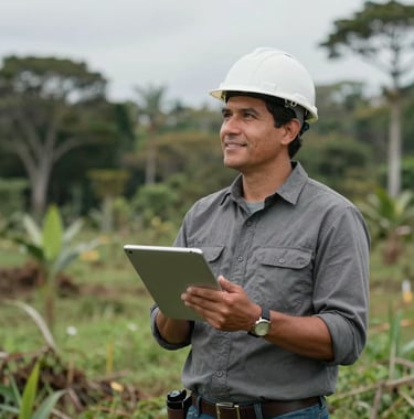 A professional South American / Colombian environmental engineer standing in a reforested area of Catatumbo, holding a digital tablet and looking forward with a hopeful expression.