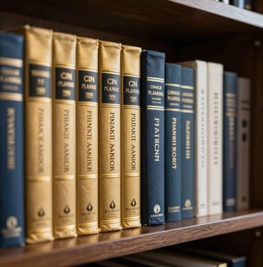A bookshelf filled with financial planning and business books in a professional North American study, with a focus on gold and navy spines.