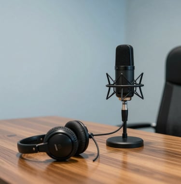 A high-end North American office interior with a microphone and headphones on a mahogany desk, suggesting a professional podcast setting with pale blue walls.