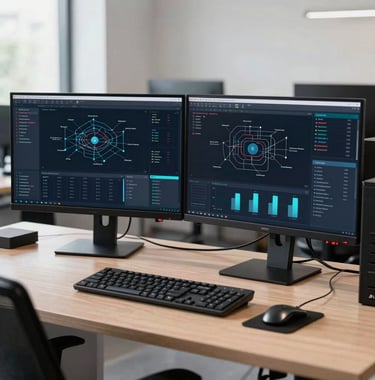 A sleek IT engineer workstation in a professional office in North America with dual monitors displaying organized network topology graphs and live server telemetry data. Bright, clean, and highly technical workspace.