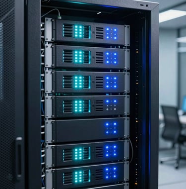 A commercial server rack enclosure cabinet with immaculate, professional cabling. Glowing cyan and blue status LEDs represent high security and system optimization, set in a dust-free server room.