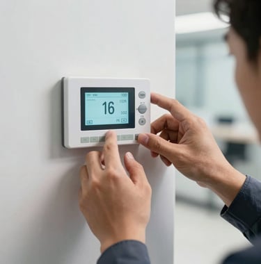 A close-up photograph of an HVAC specialist installing a state-of-the-art wall-mounted digital thermostat inside a clean, modern North American corporate building. Precise hands carefully configuring the digital system interface.