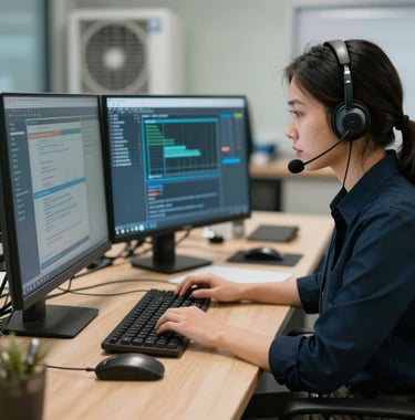An organized helpdesk operations room with dual-screen configurations and advanced wireless communication headsets, representing dependable, round-the-clock remote IT and HVAC dispatch support.