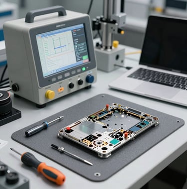 A high-precision technical workbench with computerized diagnostic tools, fine screwdrivers, and a laptop disassembled safely on an anti-static gray mat for repair.