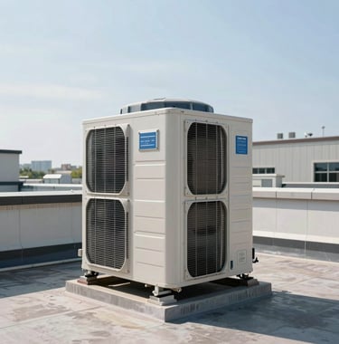 A modern, highly efficient commercial rooftop condenser unit pristine and freshly installed on a clean corporate roof deck under a bright sky in the US.