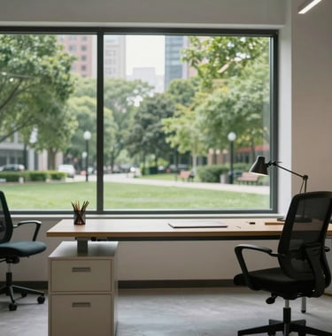 A clean, minimalist workspace with a large window showing a green urban park, professional and progressive atmosphere, soft light, North American setting.