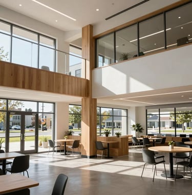 A professional wide-angle shot of a modern community center interior in a North American suburb, featuring clean lines, light wood accents, and natural sunlight, emphasizing architectural progress.