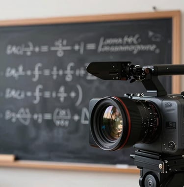 A professional video recording studio setting with a blurry blackboard showing financial formula derivations in the background, a camera lens reflecting professional studio lights, creating a modern digital academy mood.