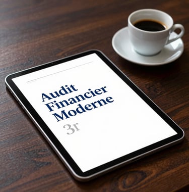 A premium tablet computer laying flat on a dark wooden office desk next to a white porcelain espresso cup, showing the cover of a downloaded PDF document titled 'Audit Financier Moderne' in elegant blue typography.