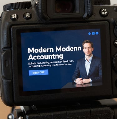 A crisp digital camera screen previewing an elegant video lecture about modern accounting methods, crisp focus, showing a sleek presentation slide with dark blue corporate tones.