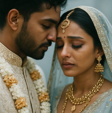An artistic and emotional close-up photograph of a South Asian couple during a traditional wedding ceremony, captured with cinematic depth of field and soft light blue and off-white color tones.
