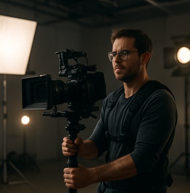 A professional behind-the-scenes photography shot of a cinematographer using a high-end stabilizer to film a commercial reel in a modern Pune studio, with sophisticated studio lighting and a premium artistic mood.