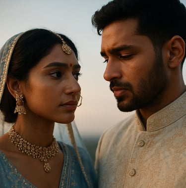 A cinematic close-up of a South Asian / Indian bride and groom during a pre-wedding shoot at sunset. Artistic lighting, emotional expressions, and high-quality photography style with a soft blue and off-white palette.