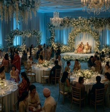 A grand, high-angle photography shot of a luxury South Asian / Indian wedding reception in Pune. Soft blue ambient lighting, elegant floral decor, and a sophisticated atmosphere captured with professional clarity.