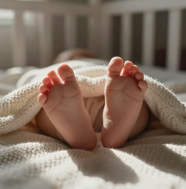 A delicate close-up of a baby's feet resting on a soft off-white knit blanket in a South American / Brazilian nursery. Natural, soft window light, deep earth brown shadows.