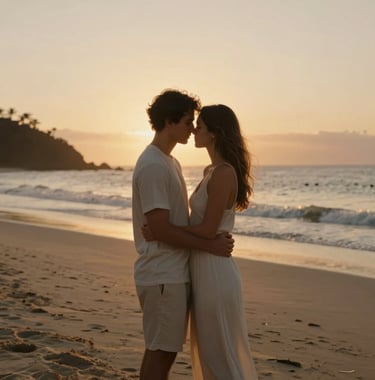 An elegant, minimalist portrait of a couple embracing during sunset in a South American / Brazilian coastal park. Warm sandy beige and soft golden mustard hues, high-end photography style.