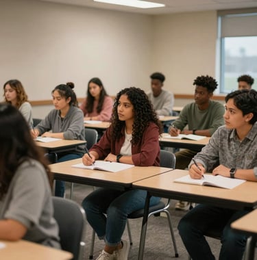 A diverse North American / US classroom setting with adult students engaged in a learning workshop, warm lighting, modern furniture, representing empowerment through education.