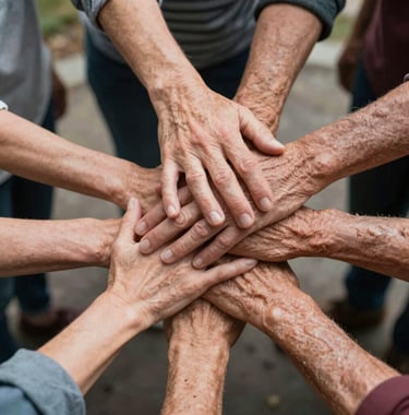 Close-up of hands of different ages coming together in a North American / US community setting, symbolizing collaboration and support.