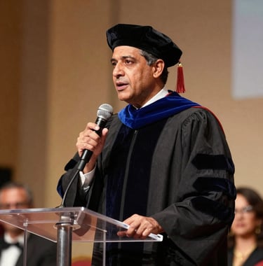 A distinguished man speaking from a stage at a gala event, 'Doctor Honoris Causa' ceremony, warm stage lighting, professional and aspirational South American context.