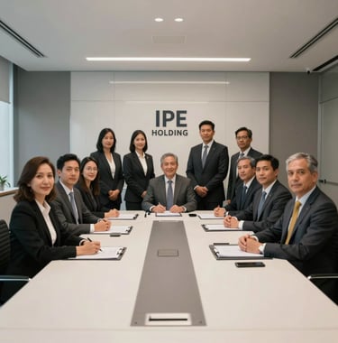 A corporate group photo featuring the executive team of IPE Holding in a sleek, off-white and charcoal grey boardroom in Ecuador. The composition is symmetrical and prestigious.
