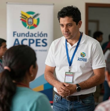 Adrián Andrade during a humanitarian visit with Fundación ACPES in Ecuador, interacting with people in a professional and empathetic manner. The style is high-end documentary photography.