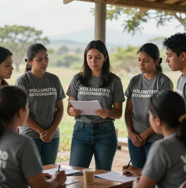 A group of professional South American volunteers in a community project, collaborative atmosphere, soft morning light, displaying the human side of social responsibility.