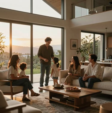 A serene and high-end lifestyle shot of a professional family in a modern Ecuadorian home, golden hour light through large windows, emphasizing a human and grounded balance.