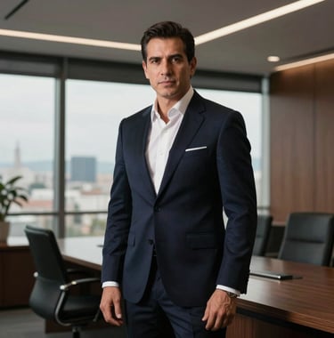 A powerful portrait of Adrián Eduardo Andrade Castro in a dark navy tailored suit, standing in a modern corporate office overlooking Cuenca. Lighting is dramatic and authoritative, Forbes style.