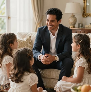 A warm, natural light photography of a professional Ecuadorian businessman sharing a joyful moment with his family in a sophisticated living room. Soft gold and white tones, human-centric and elegant.