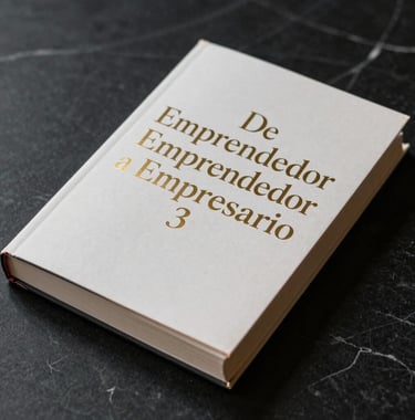 Close-up photography of the book 'De Emprendedor a Empresario' on a minimalist black marble surface. Sharp focus, gold foil details on the cover, elegant shadows, aspirational business style.