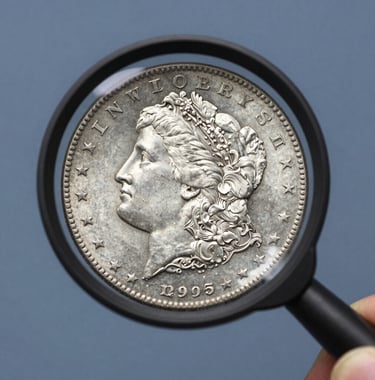 A professional close-up of a silver Morgan dollar being inspected with a magnifying glass, sharp focus on the coin's texture, slate blue background.