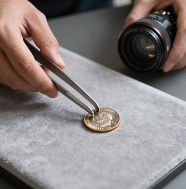 A high-resolution photograph of a coin collector's hands using silver tongs to carefully place a coin on a light gray velvet surface, North American / US office context.