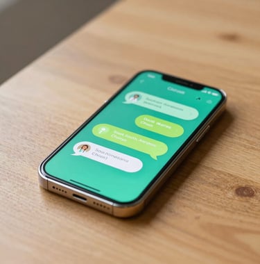 Close-up of a modern smartphone on a clean wooden table displaying a bright, friendly medical chat application. Soft light, vibrant teal and apple green colors, minimalist South American modern flat design background.
