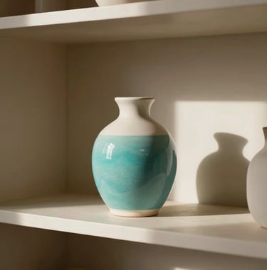A minimalist design piece or ceramic vase on a shelf in a modern, sunlit Chilean therapy office. Beautiful soft lighting, warm aesthetic, featuring hints of vibrant turquoise celeste and white.