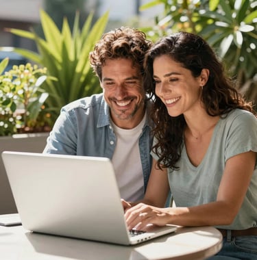 A relaxed Chilean couple sitting together on a sunny terrace in Santiago, sharing a bright laptop screen, smiling happily. Uplifting and healthy mood, vibrant background with lush green plants.