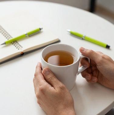 A close-up of hands holding a warm mug of herbal tea, cozy modern desk setting with a notebook and bright vibrant apple green pens. Minimalist therapy workspace, soft natural lighting in a Chilean office.